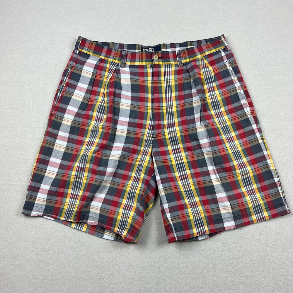 Vintage Polo Ralph Lauren Mens 33 Multicolor Plaid Double Pleated Chino Shorts